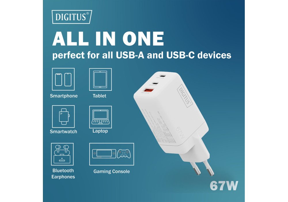 Зарядний пристрій DIGITUS GaN 2хUSB-C, 1хUSB-A, 67W