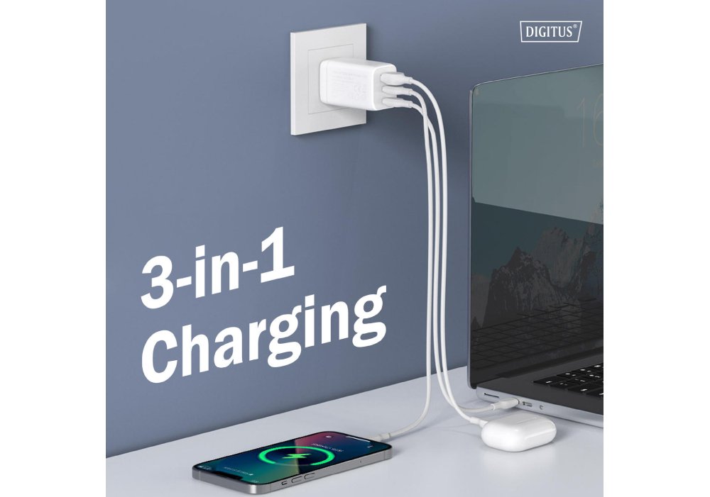 Зарядний пристрій DIGITUS GaN 2хUSB-C, 1хUSB-A, 67W