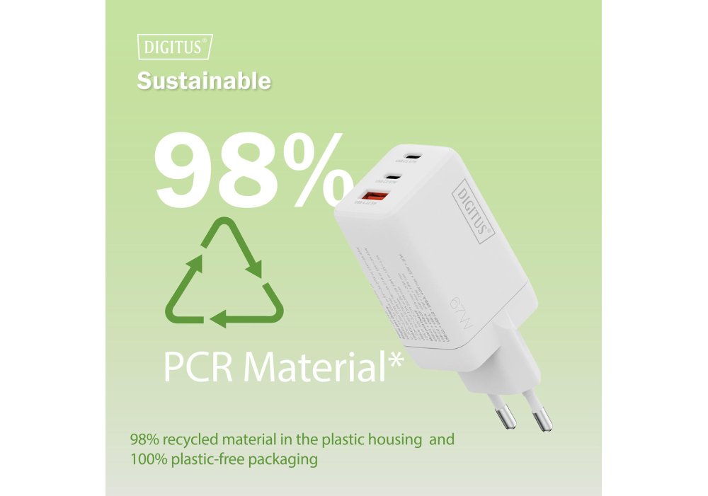 Зарядний пристрій DIGITUS GaN 2хUSB-C, 1хUSB-A, 67W