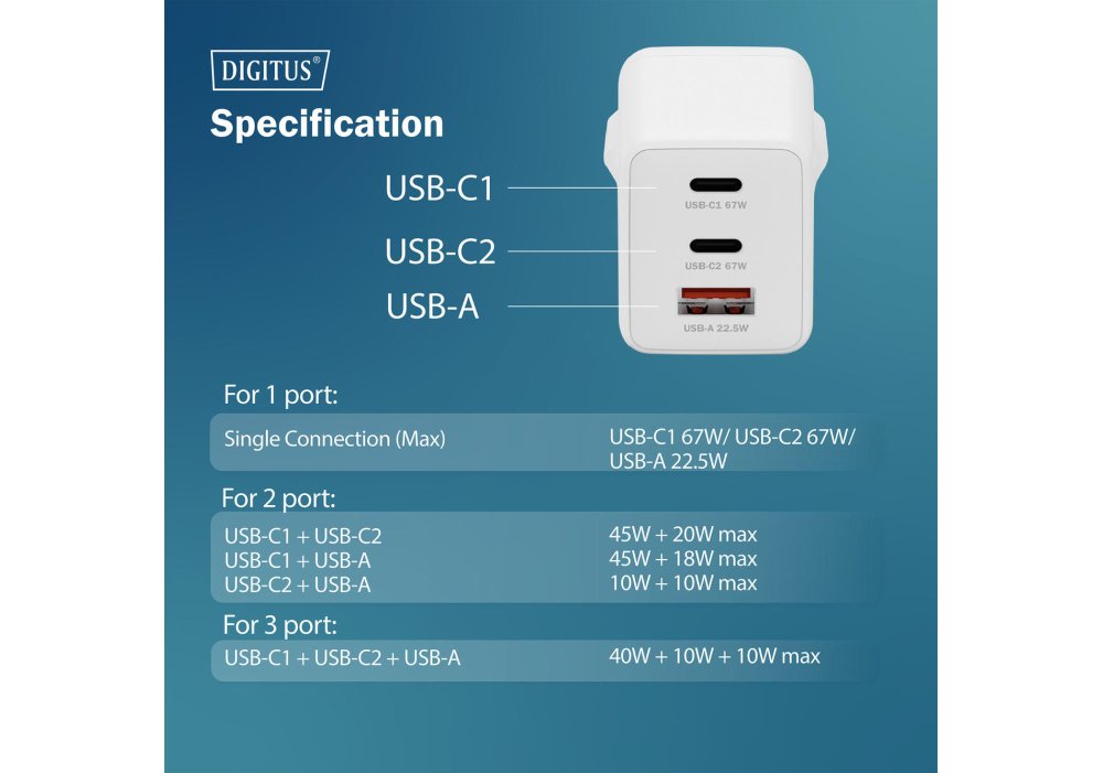 Зарядний пристрій DIGITUS GaN 2хUSB-C, 1хUSB-A, 67W