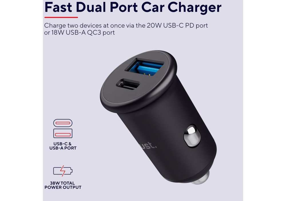 Автомобильное зарядное устройство Trust 38Вт USB-A/USB-C PD, QC, черный