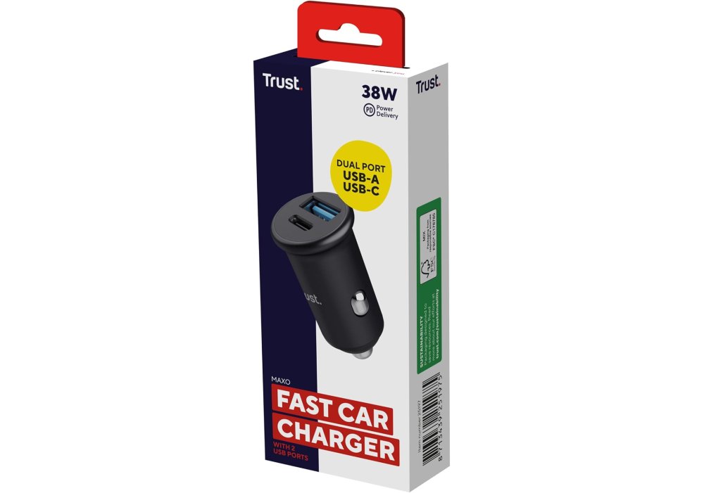 Автомобильное зарядное устройство Trust 38Вт USB-A/USB-C PD, QC, черный