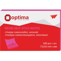 Блок для нотаток з клейким шаром 75х50 мм Optima, 100 арк., неон малиновий