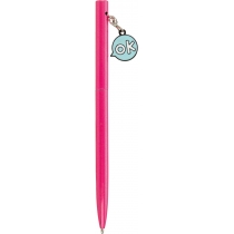 Ручка металева рожева з брелоком "OK", пише синім