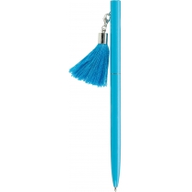 Ручка металева блакитна з брелоком-китичкою, пише синім