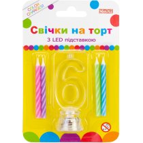 Набір: 4 свічки на торт з LED підставкою "6", що світиться