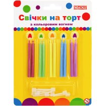 Набір: 10 свічок на торт, що горять кольоровим вогнем; 10 підставок для свічок