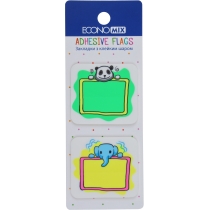 Закладки з клейким шаром 40х45 мм Economix Fun Panda & elephant, 40 шт., пластикові, асорті