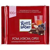 Шоколад молочний Ritter Sport з ямайським ромом, родзинками та горіхами 100 г