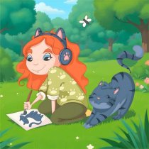 Полотно ґрунтоване з контуром, 20х20, „Дівчинка і котик“, бавовна, дрібне зерно, на основі ХДФ, Arte