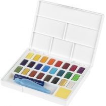 Фарби акварельні  Faber-Castell Watercolors in Pans, 24 кольору + ручка-пензлик з контейнером для во