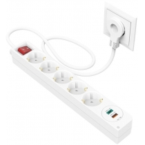 Сетевой удлинитель HAMA 5XSchuko 3G*1.5мм 1.4м USB-C/A, PD/QC White