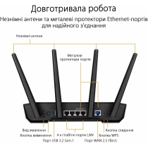 Маршрутизатор ASUS TUF-AX3000 V2 4xGE LAN 2,5xGE WAN 1xUSB3.2 MU-MIMO OFDMA MESH gaming