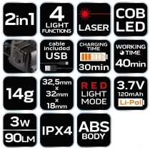 Ліхтар акумуляторний Neo Tools, 2в1, 120мАг, 90лм, 3Вт, лазер, 4 функції освітлення, IPX4