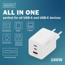 Зарядний пристрій DIGITUS GaN 2хUSB-C, 1хUSB-A, 100W