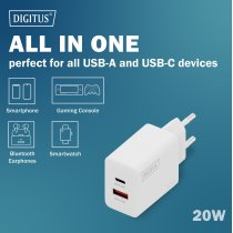 Зарядний пристрій DIGITUS 1хUSB-C, 1хUSB-A, 20W