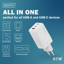 Зарядний пристрій DIGITUS GaN 2хUSB-C, 1хUSB-A, 67W